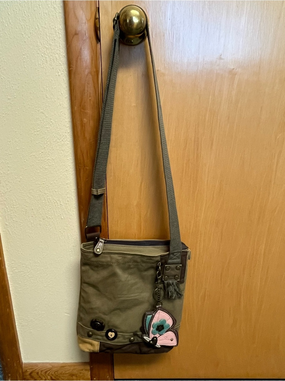 Chala Olive Crossbody with Pink & Teal Floral Charm